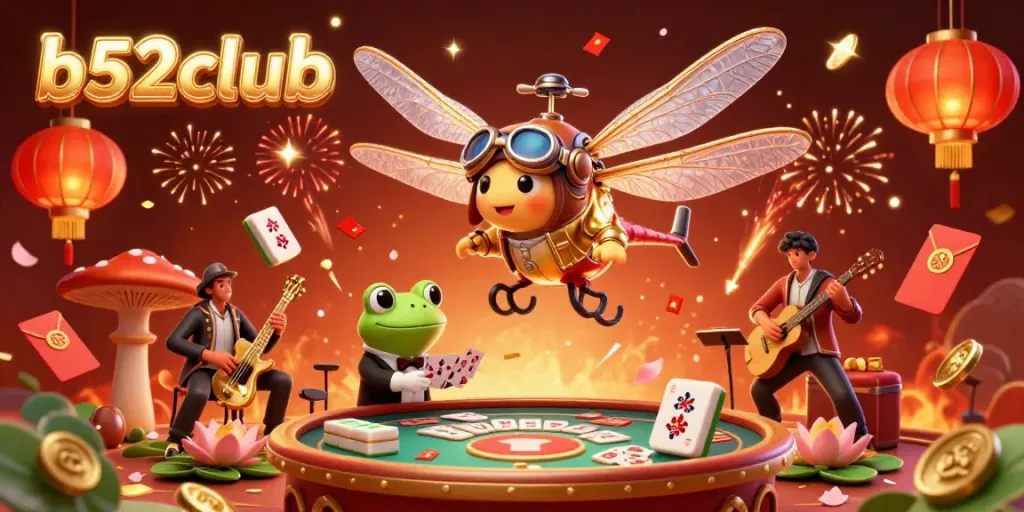 Engage with b52club's vibrant casino scene featuring a dragonfly pilot, frog croupier, and jazz musicians.