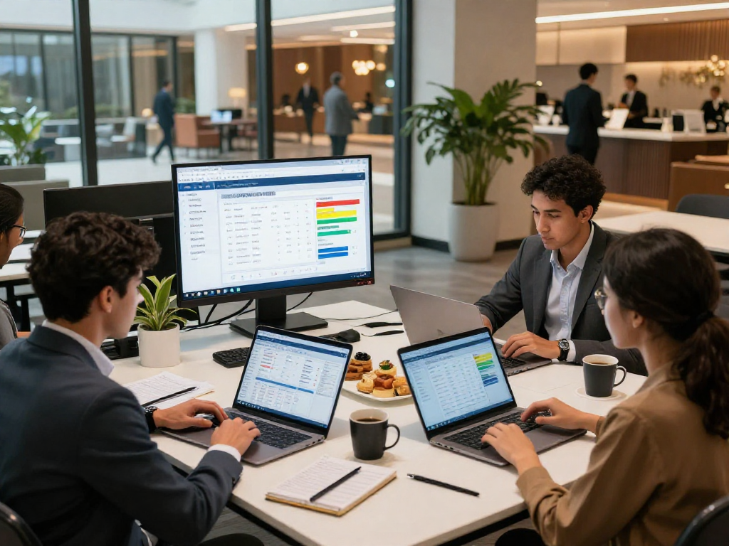 Hotel management software team collaborating in modern office with data dashboards and booking systems.