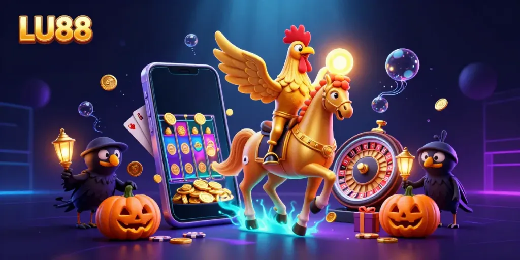 Engaging LU88 casino scene featuring a golden rooster and spectral horse amidst vibrant gaming elements.
