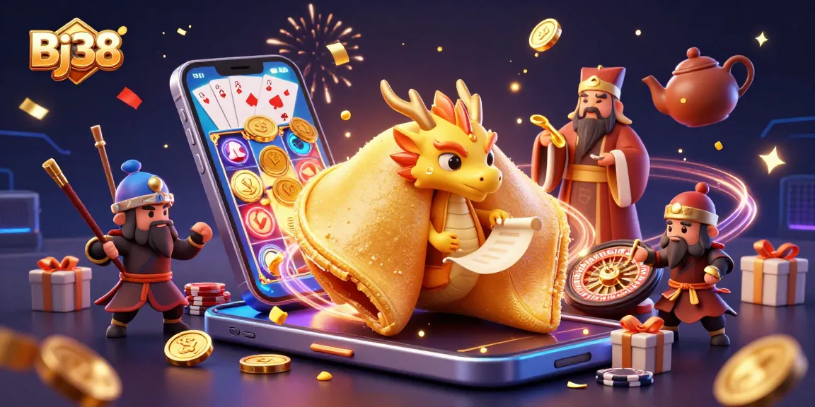 Engage with the thrilling gameplay of Bj38 as a golden fortune cookie opens to reveal treasures and vibrant gaming elements.