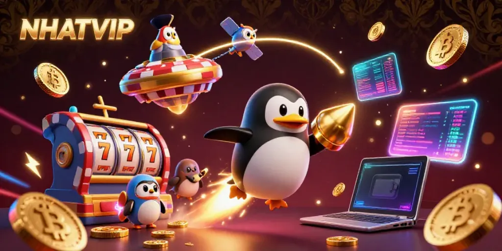 NhatVIP brings excitement with a golden penguin and dynamic casino elements in space.