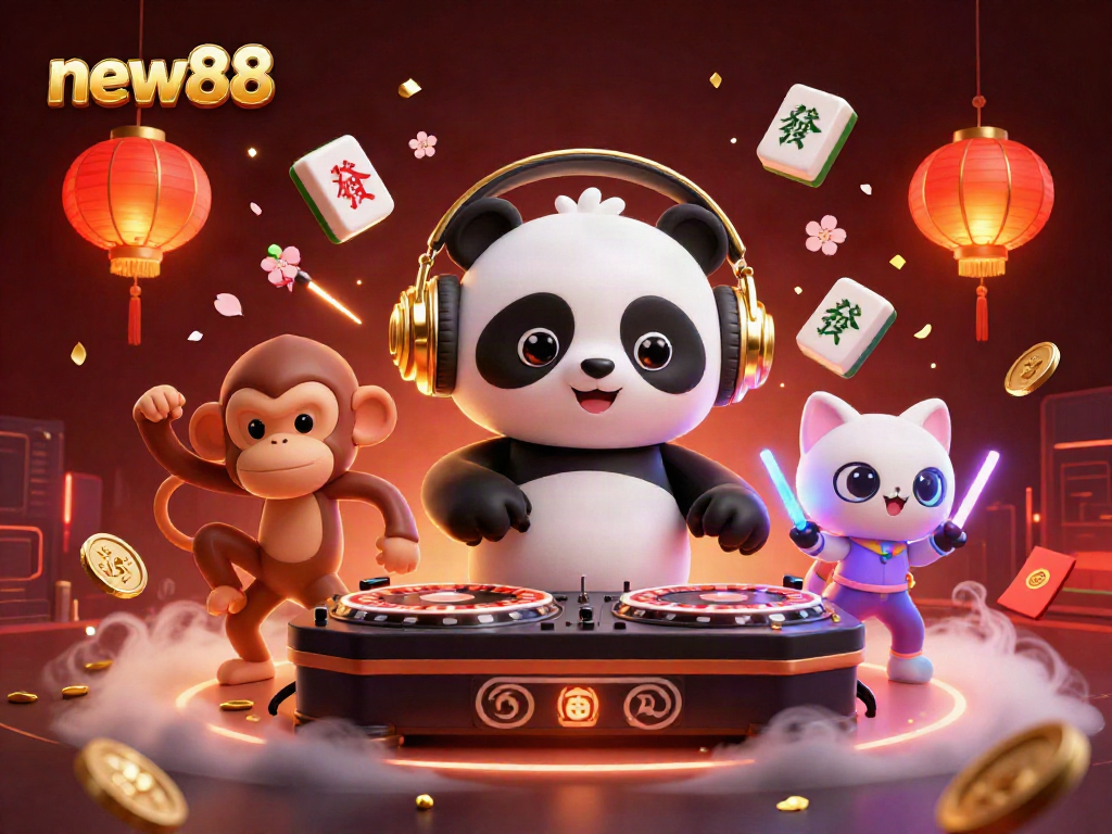Experience new88's energetic energy with a vivid casino scene featuring a DJ panda and dynamic characters.