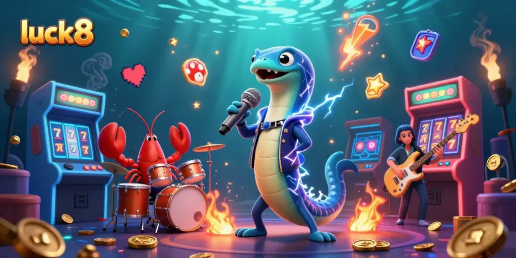 Engage with luck8 in an underwater casino scene featuring a DJ electric eel, animated characters, and vibrant gaming elements.
