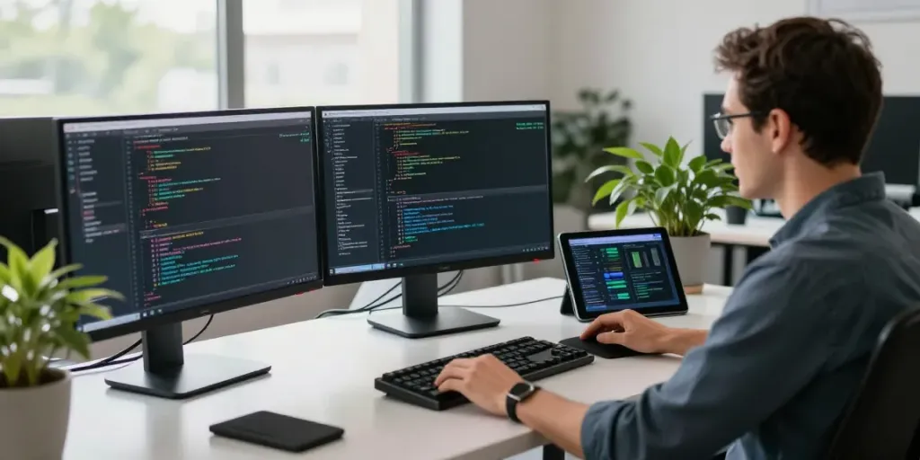 Neil Lock focused in a vibrant workspace, analyzing code on multiple screens.