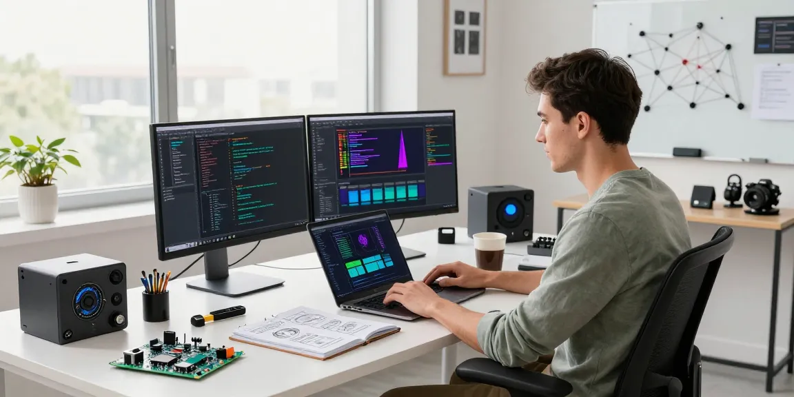 Engineer utilizing beta tools in a modern tech workspace with code and gadgets.