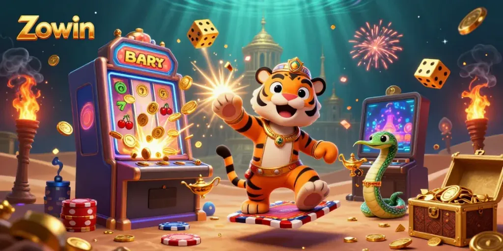 Experience the excitement at Zowin with a vibrant 3D casino scene featuring a flying tiger sultan and a jackpot explosion.