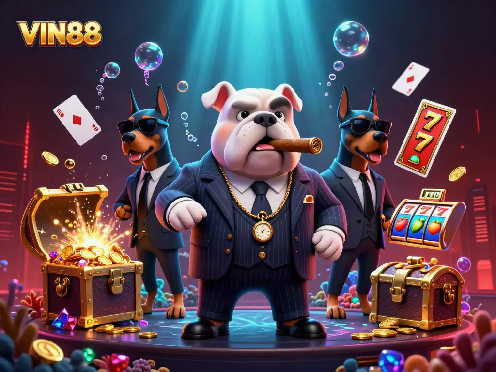 Experience thrilling wins with VIN88 as a mafia bulldog in a casino scene filled with treasure and excitement.