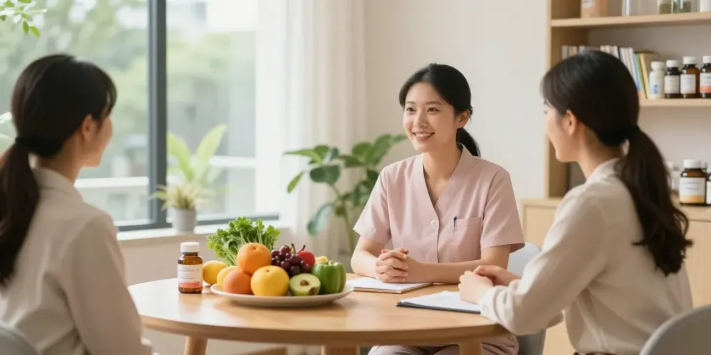 Nutritionist Surrey consulting with a client in a warm and inviting wellness clinic.