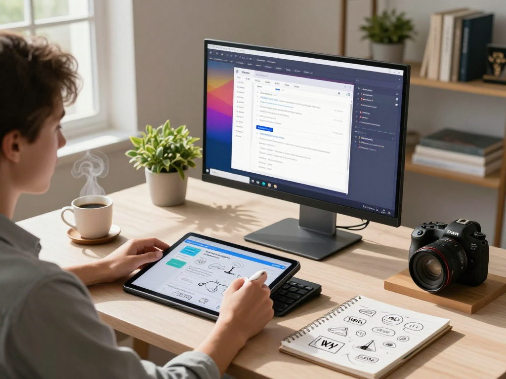 使用WPS Office的专业用户在现代办公桌前专注创建文档，阳光洒入温馨的工作空间
