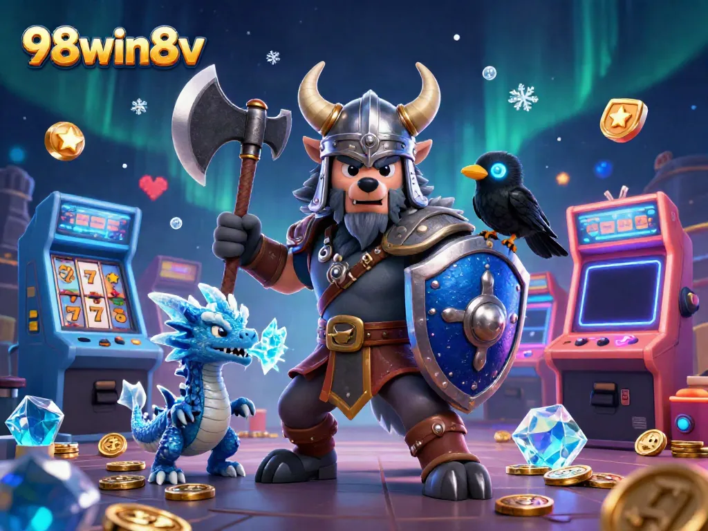 Experience the excitement of 98win8v with a vibrant illustration showcasing a Viking wolf warrior, fierce dragon, and colorful slot elements.