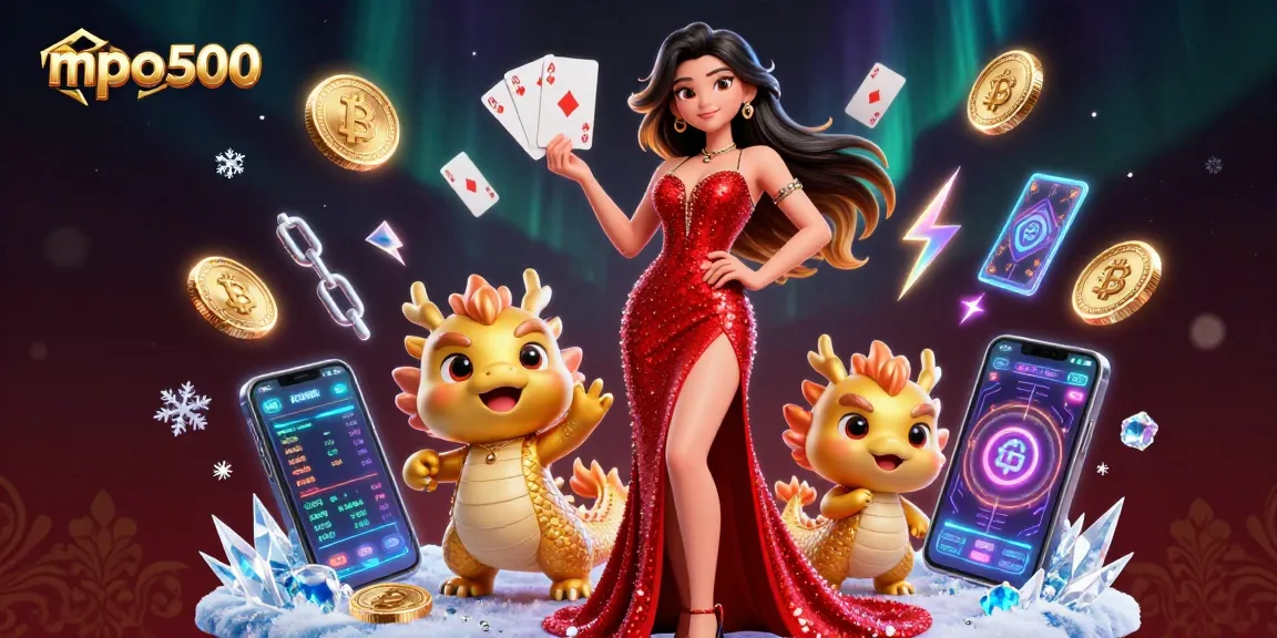 Experience the excitement of mpo500 with vibrant playing cards, Bitcoin coins, and a glamorous Asian woman.