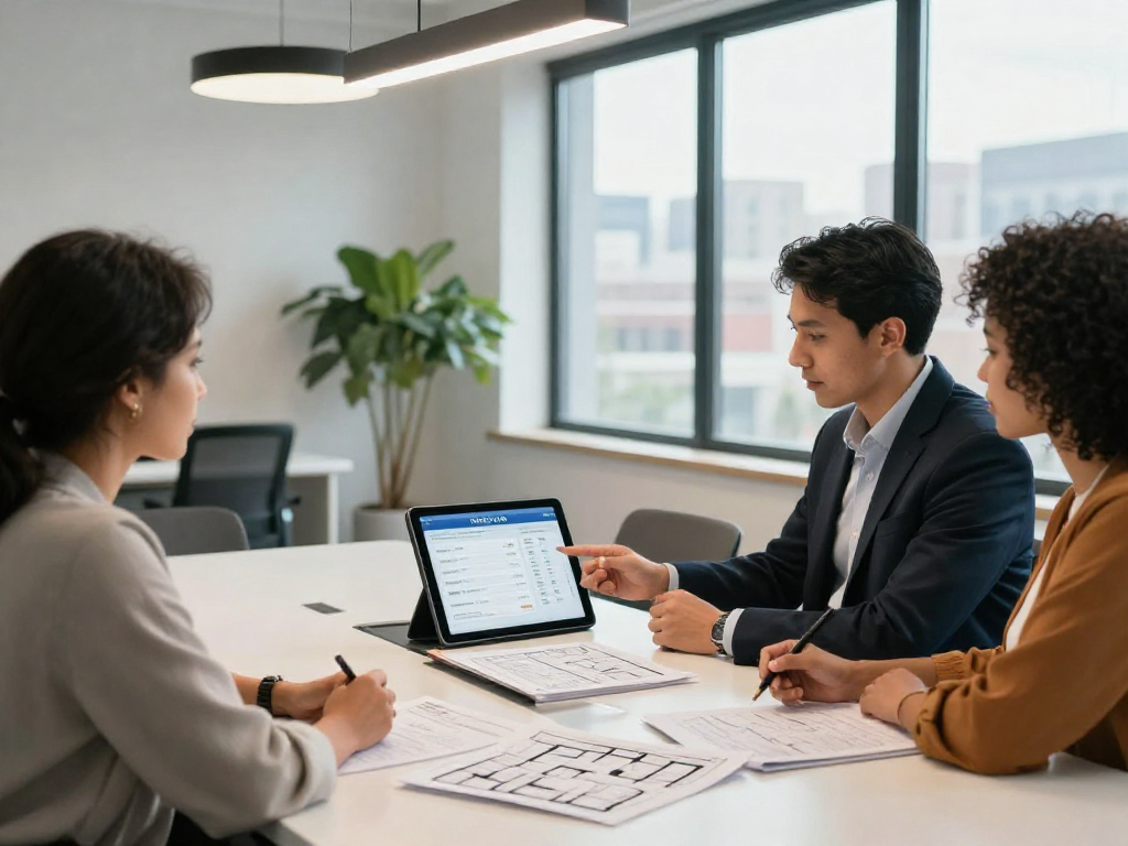 Real estate professional explaining IDXSTAR software to clients in a modern office setting.