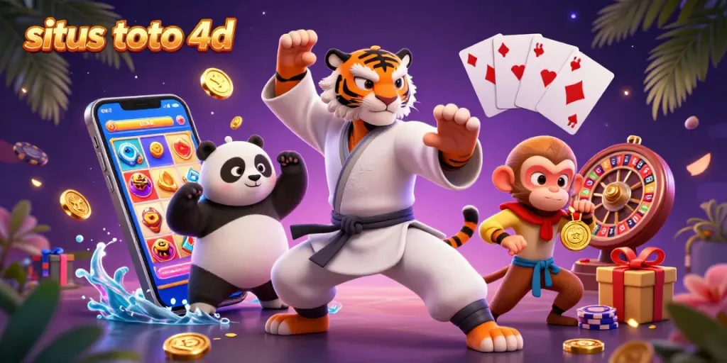 Situs toto 4d showcases a 3D kung fu tiger, a panda, and a monkey amid vibrant casino elements for engaging gameplay.