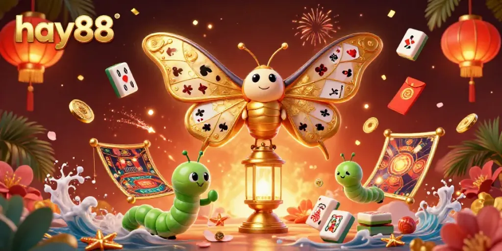 Experience the vibrant excitement of hay88 with this lively 3D casino scene showcasing a moth and casino elements.