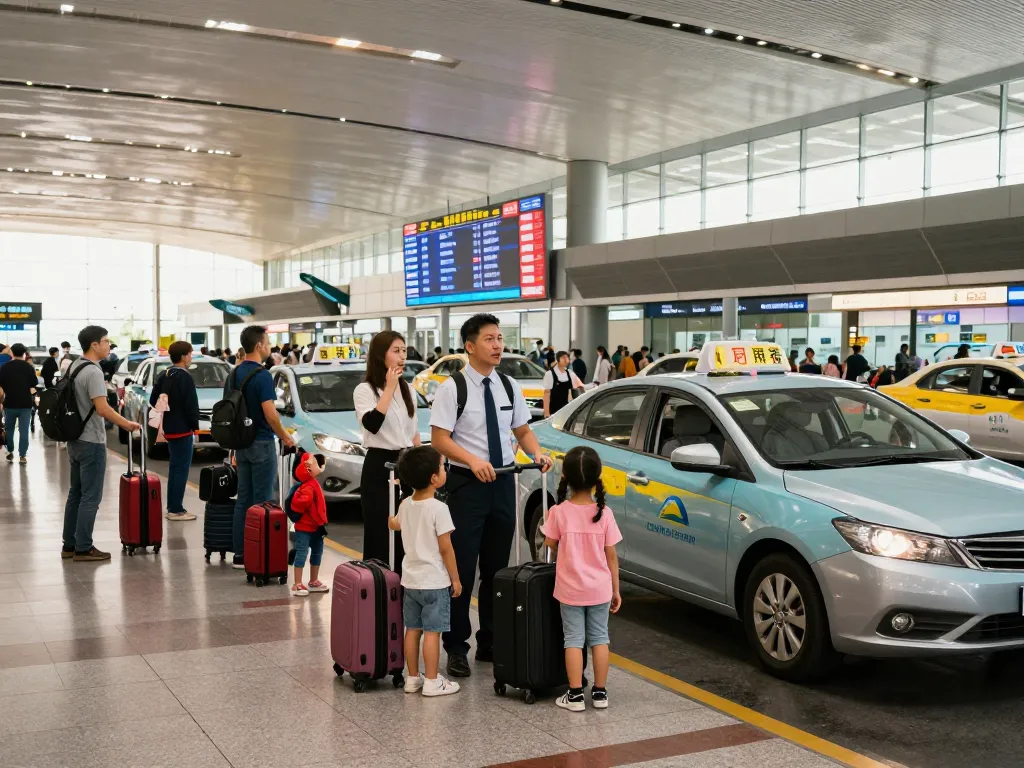 Airport taxi scene with family waiting for their ride, highlighting convenience and reliability.