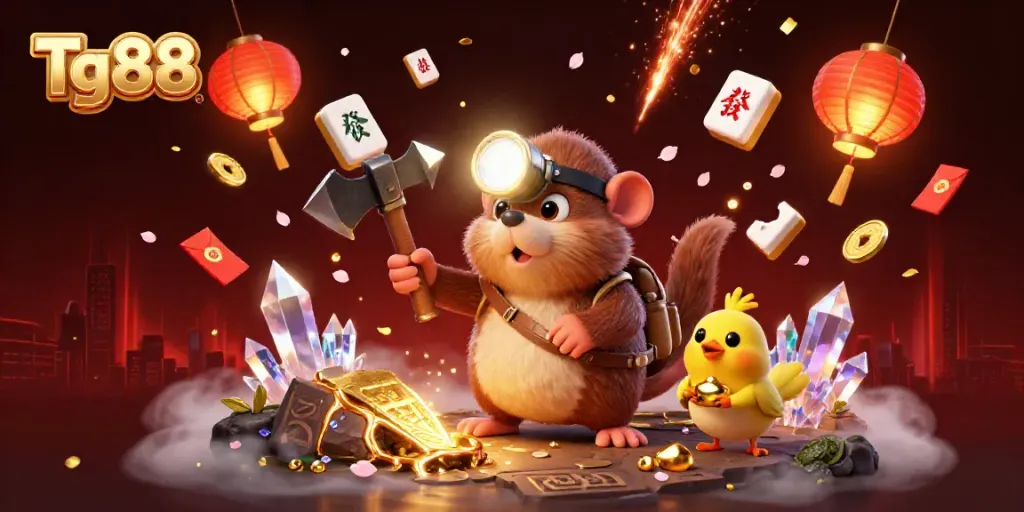 Experience thrilling gaming with Tg88 in a vibrant 3D fantasy scene filled with treasures and action.