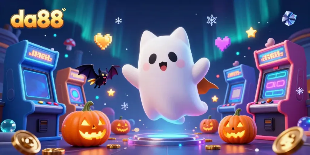 Engaging da88 ghost cat and vampire bat in a lively casino setting showcasing slot machines and arcade elements