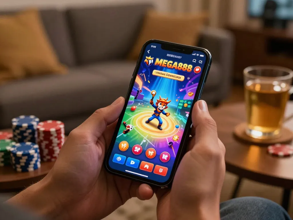Experience exciting gameplay with the mega888 original download ios app on a smartphone in a cozy home setting