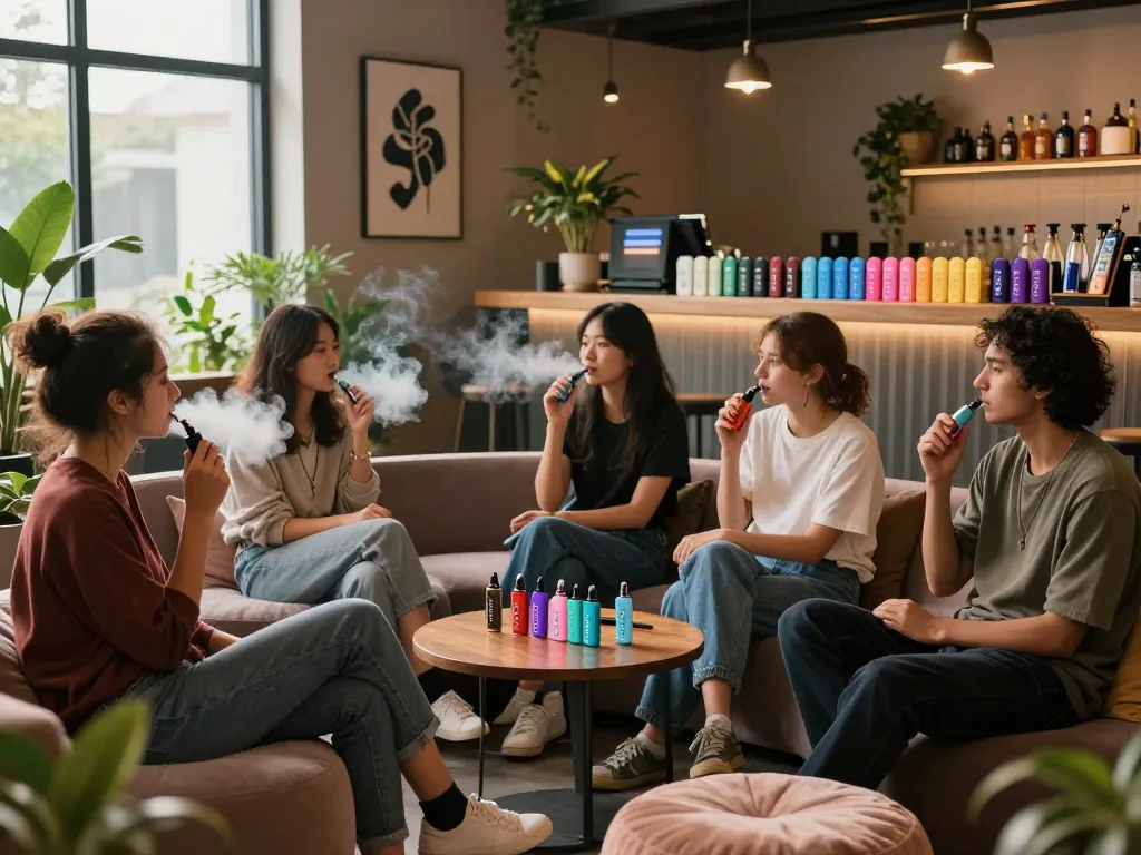 Friends enjoying Clean Carts Disposable vapes in a modern lounge with ambient lighting and greenery.