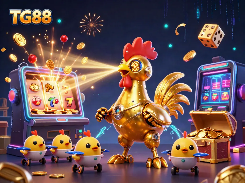 Play with TG88 at this vibrant casino scene featuring a retro-futuristic rooster robot and golden jackpot elements.