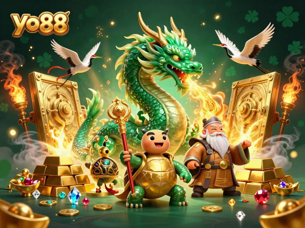 Experience the thrill of yo 88 gaming with an emerald jade dragon amidst glittering treasures and gaming elements.