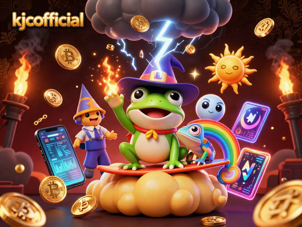 Experience thrilling bets with kjcofficial in a vibrant storm of golden coins and crypto elements.