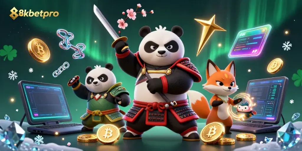 Experience the thrill of 8xbetpro with a dynamic scene featuring a samurai panda and ninja fox in a vibrant casino setting.