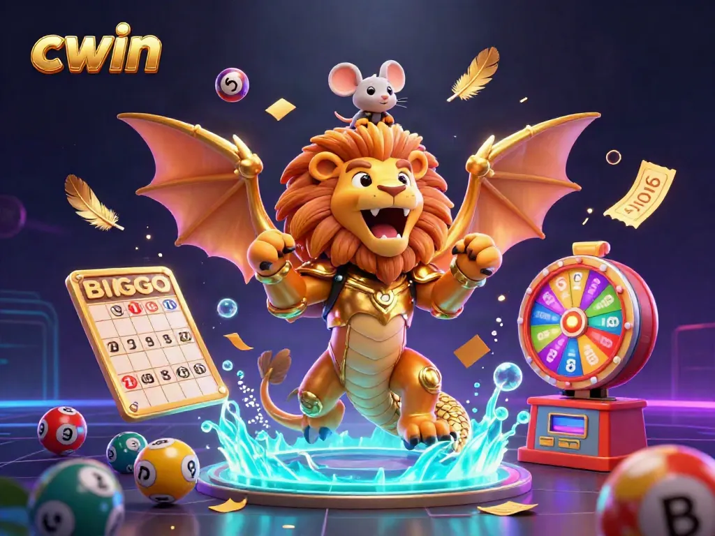 Experience thrilling gameplay with cwin's vibrant lottery elements and golden chimera character in a dynamic casino scene.