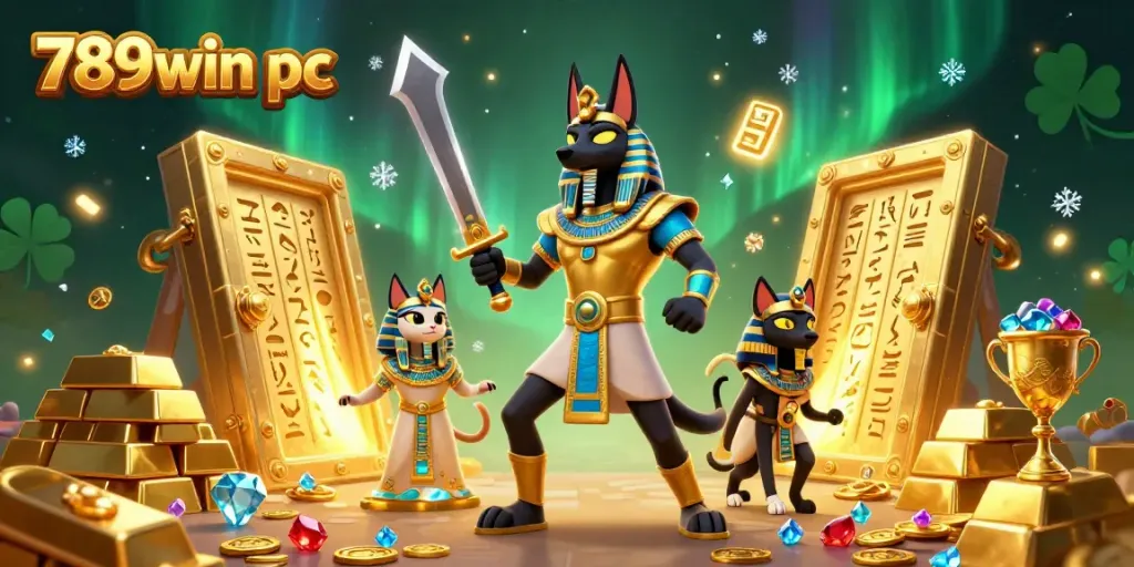 Engage with the legendary 789win pc scene featuring Anubis and Bastet amidst golden treasures.