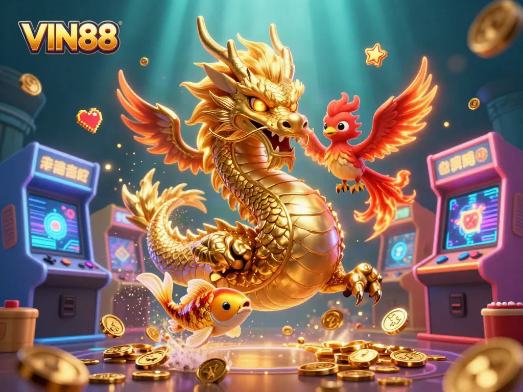 Experience vibrant gaming thrills with VIN88's dazzling 3D casino illustration showcasing a dragon, phoenix, and koi fish.