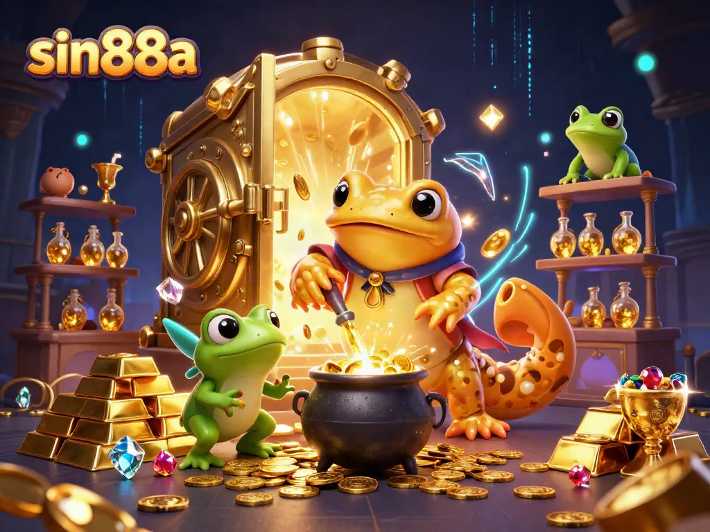 Experience the magic of sin88a with golden treasures and dynamic casino action in a 3D illustration.