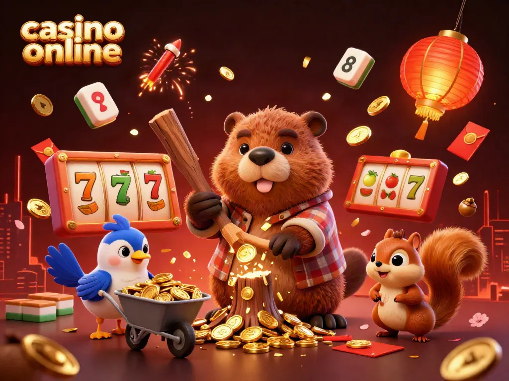 Experience casino online excitement with beaver and friends gathering gold coins amidst dynamic gaming symbols.