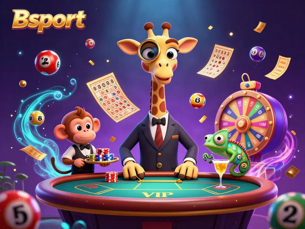Experience Bsport's vibrant casino atmosphere with a high-roller giraffe, monkey valet, and chameleon bartender amidst dynamic gaming symbols.