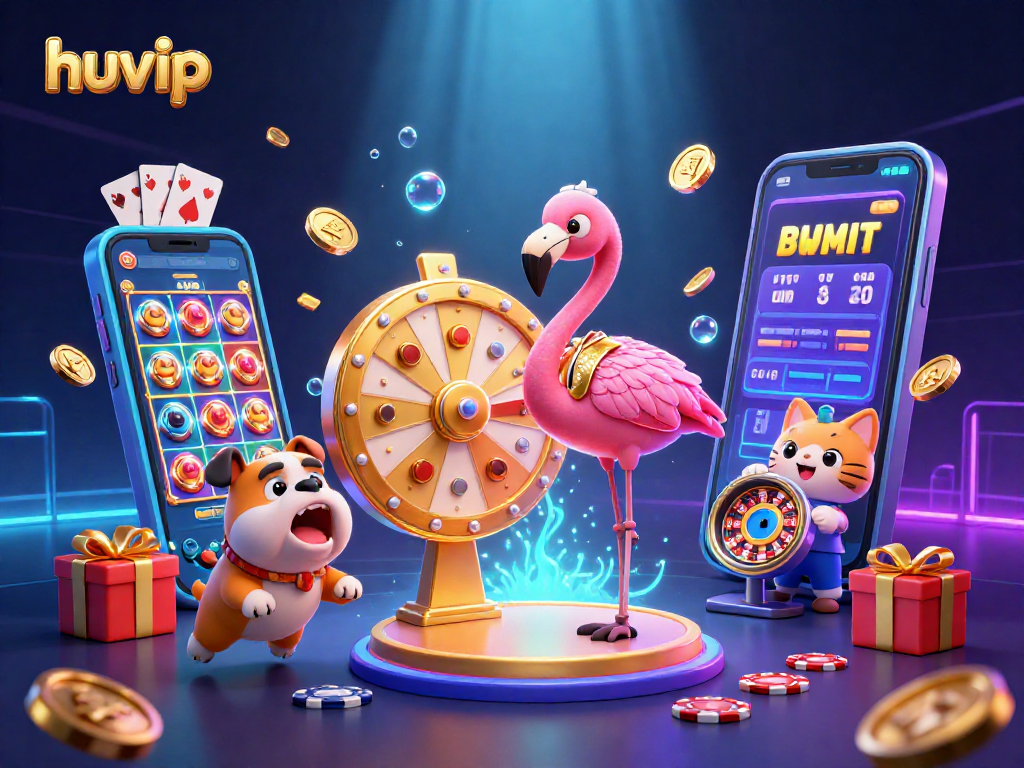 Spin to win big with huvip in a thrilling casino game night illustration, featuring vibrant characters and elements.