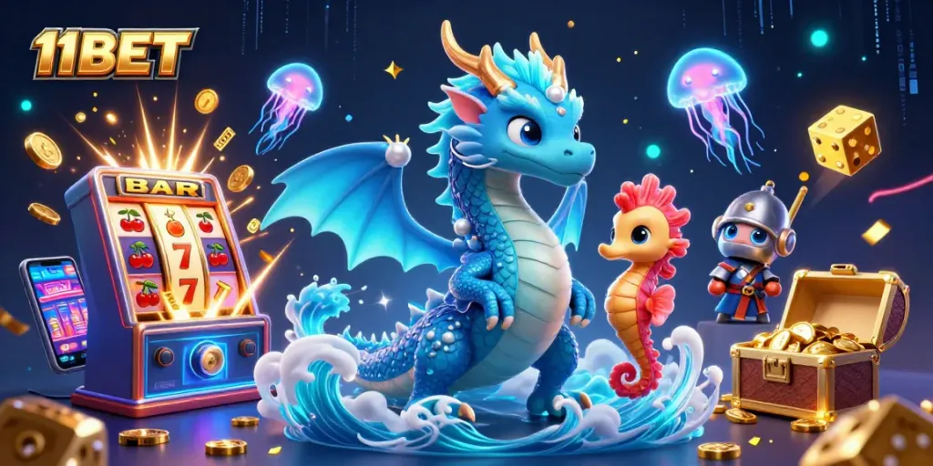 Experience the excitement of 11BET's vibrant online gaming with dragons, seahorse knights, and neon jackpot elements.