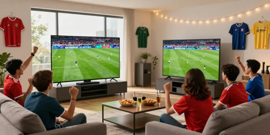 Fans enjoying socolive while watching a live soccer match in a cozy living room.