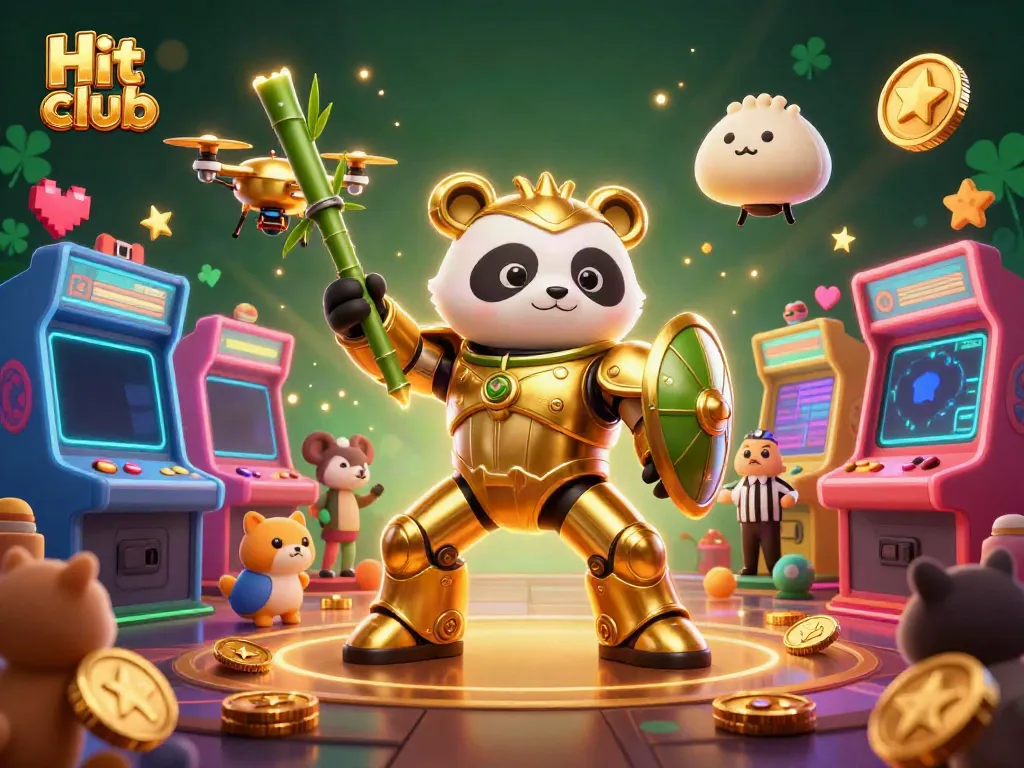 Experience the thrilling Hit club casino atmosphere with a vibrant 3D mech-suit panda and colorful game elements.