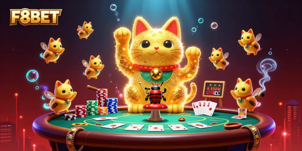 Experience the excitement of casino gaming with F8BET in a vibrant, immersive 3D illustration.