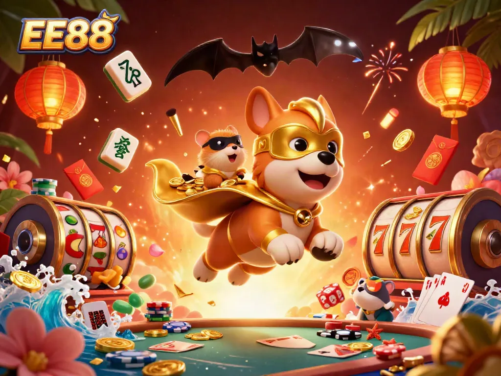 Watch the superhero dog and hamster fly amidst a vibrant casino scene representing EE88.
