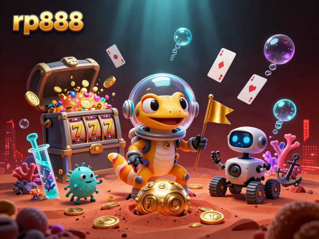 Experience the rich gaming adventure of rp888 with a Martian gecko discovering a golden casino.