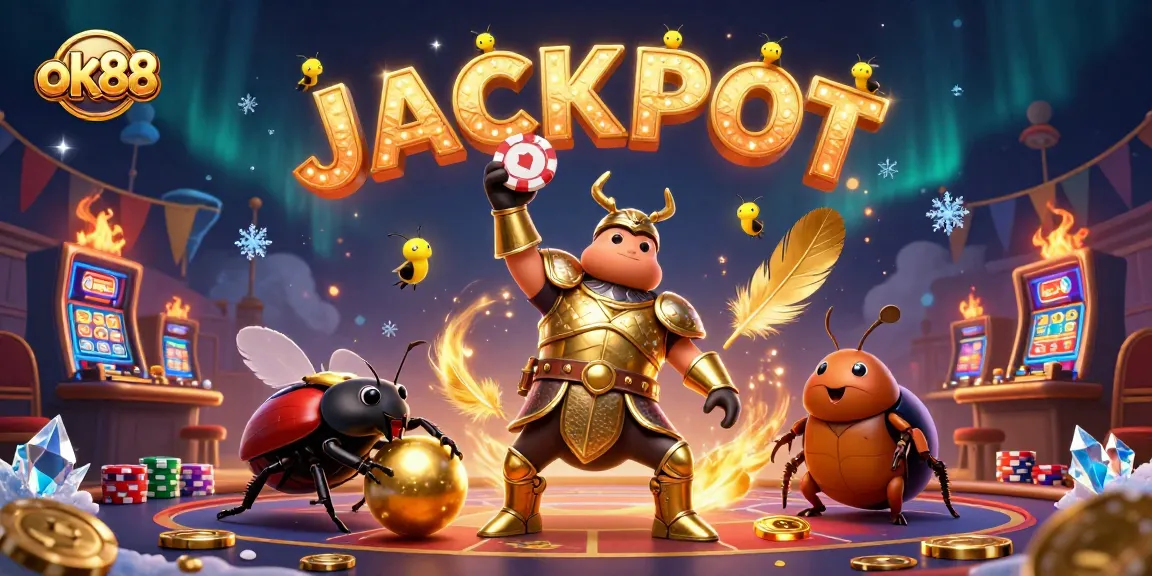 ok88 players celebrating a jackpot win with vibrant casino scenes and lively characters.