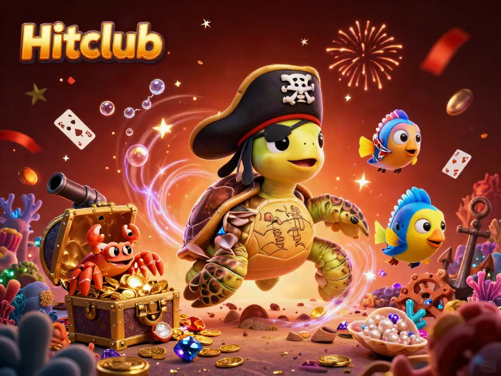 Hitclub's pirate turtle and friends celebrate above sunken treasure in a vibrant underwater scene.