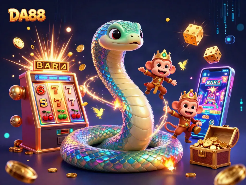 Engage with DA88’s vibrant casino experience featuring a rainbow serpent, monkey king, and slot machine jackpot.
