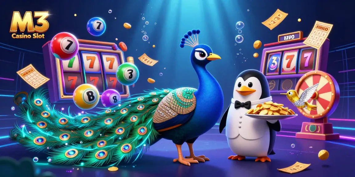 Experience thrilling wins with M3 Casino Slot in this vibrant illustration of a peacock, penguin butler, and hummingbird.