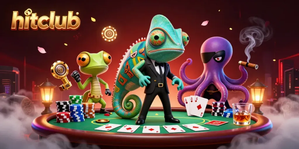 Hitclub players engage in a high-stakes poker game featuring colorful chips and dynamic characters.