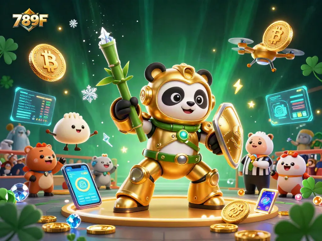 Engage in captivating 789F gaming with a golden panda battling in a vibrant casino arena.