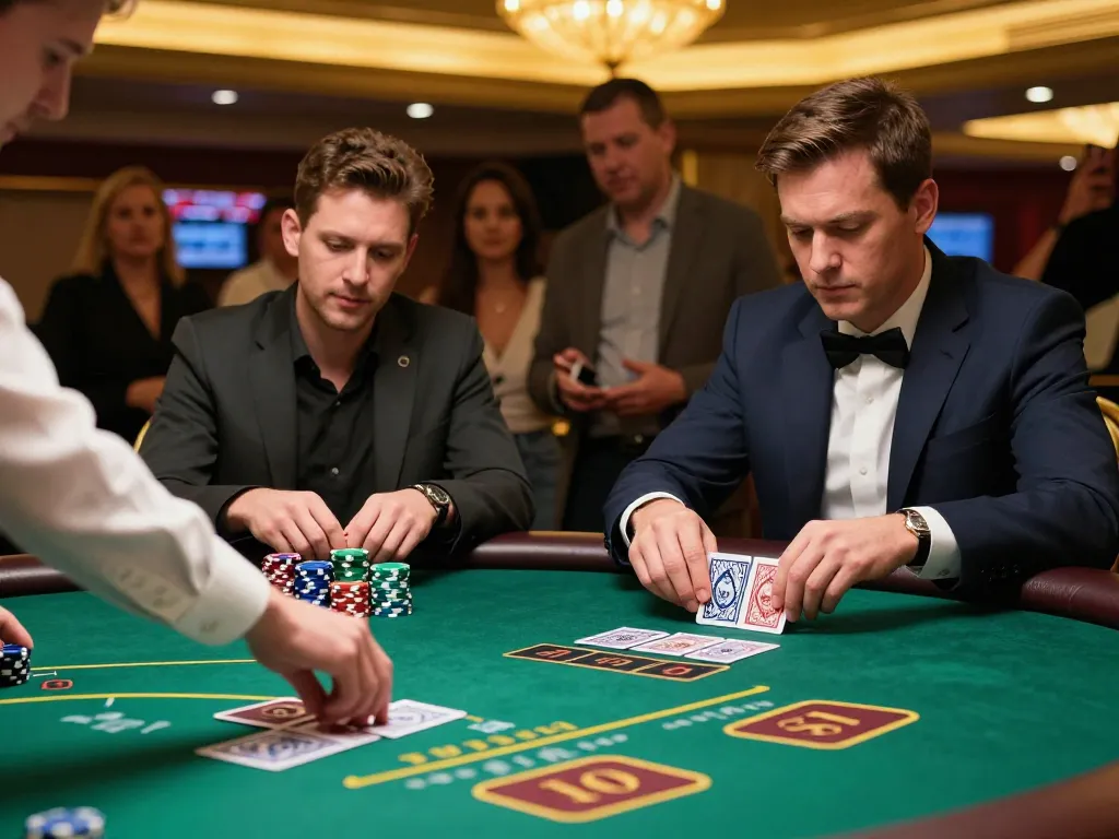 Players at the hit club blackjack table placing strategic bets in a vibrant casino environment