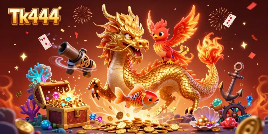 Engage with Tk444's thrilling gaming experience featuring a majestic dragon, phoenix, and koi fish in a festive casino scene.