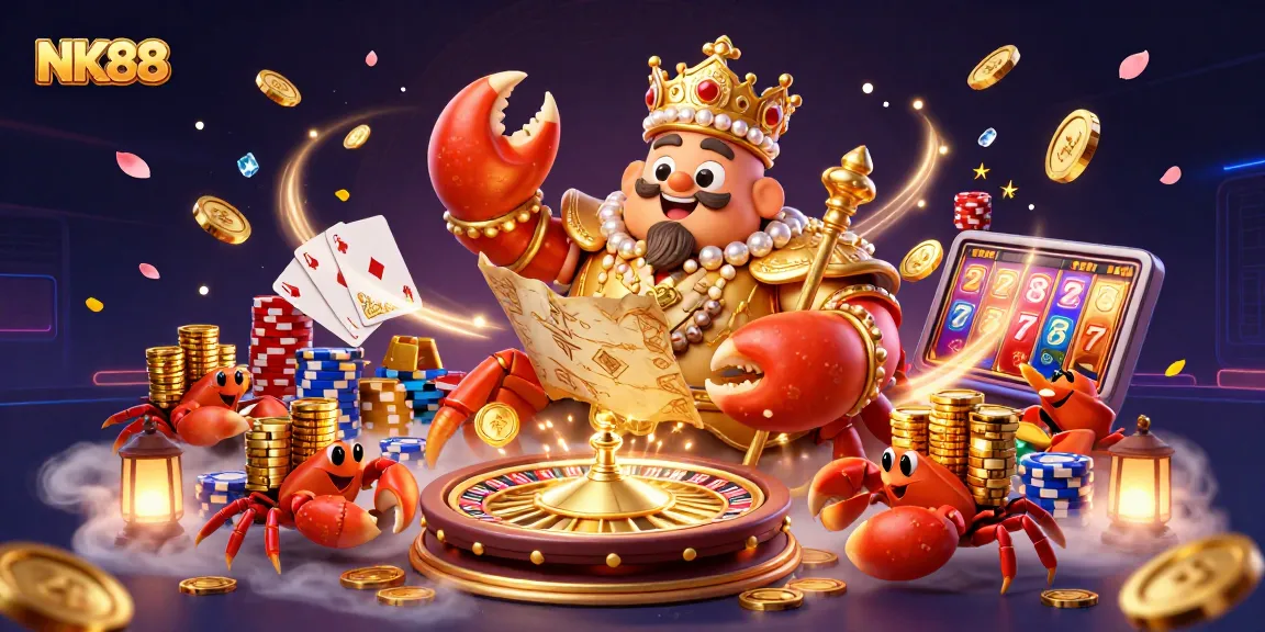 NK88 offers exciting gaming, featuring a golden crab emperor amidst coins and roulette wheels.