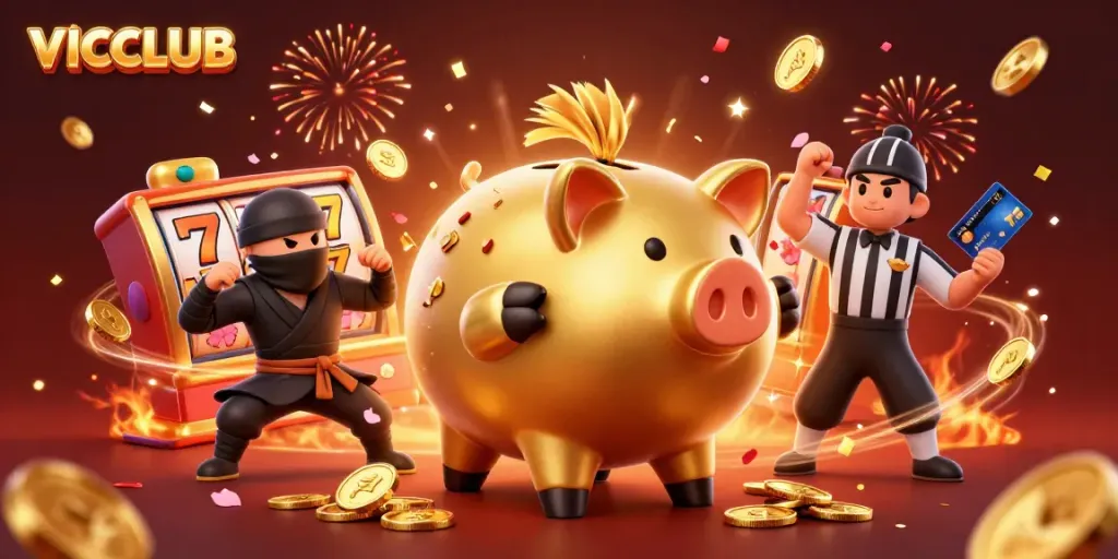 Experience exciting gameplay at VICCLUB with a golden piggy bank sumo wrestler amidst vibrant casino elements.